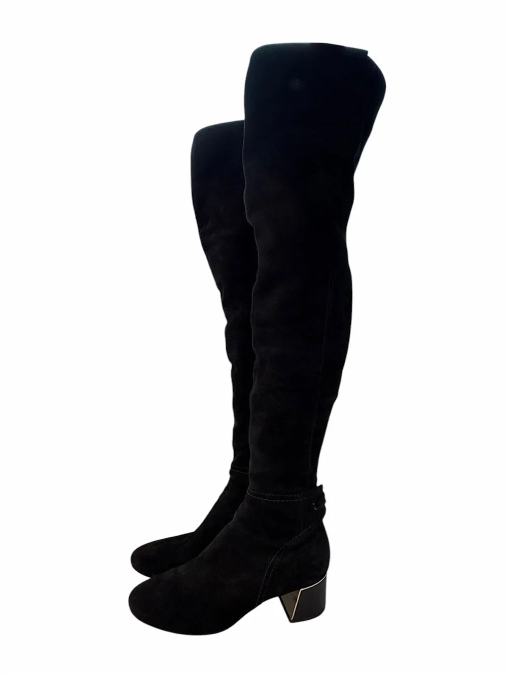 Tory Burch Black Suede leather Over The Knee Boots Gold Logo Block Heel 7.5